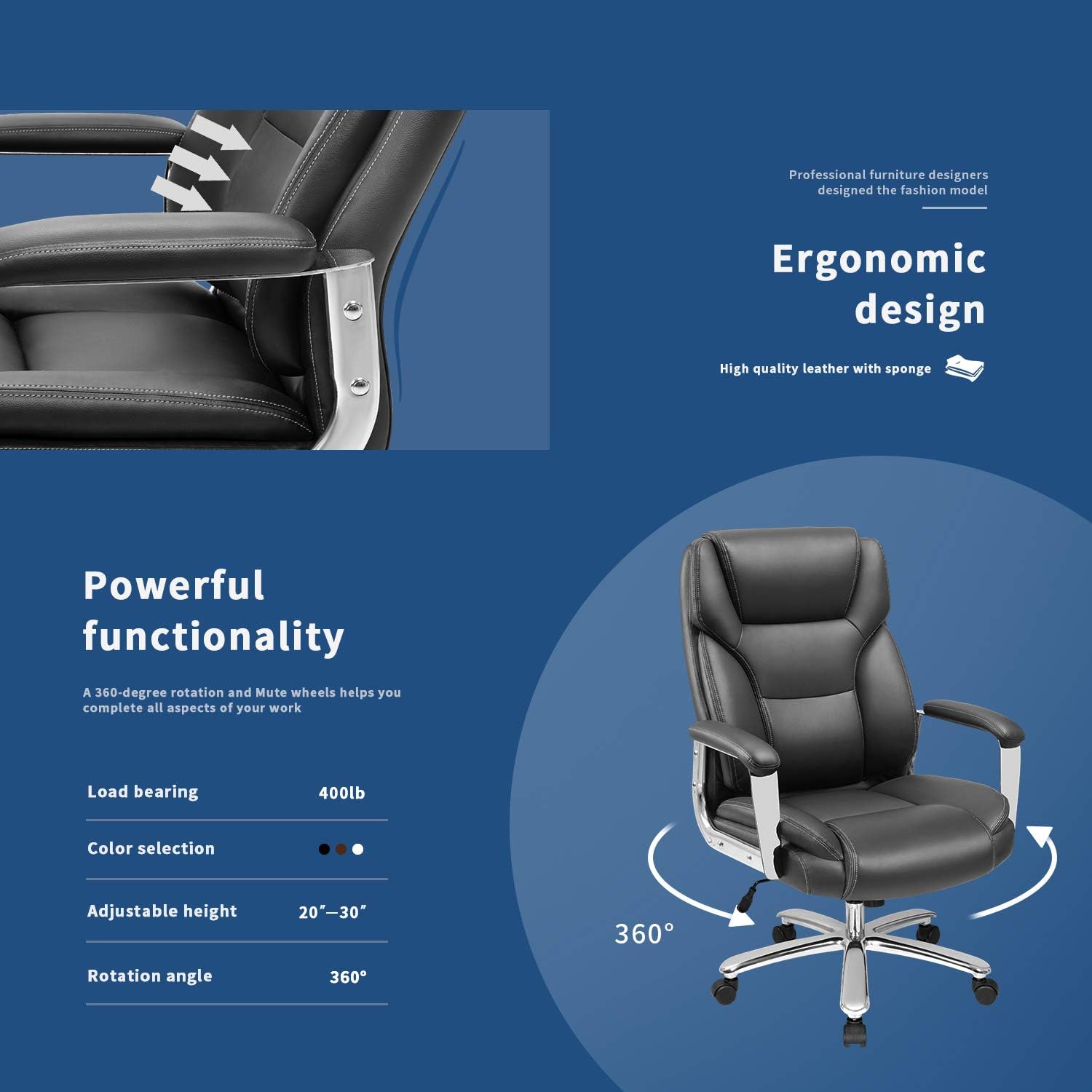 Furmax Big and Tall Office Desk Leather Ergonomic High Back Executive Lumbar Support Swivel Computer Task Chair with Armrest, Black: Furniture & Decor