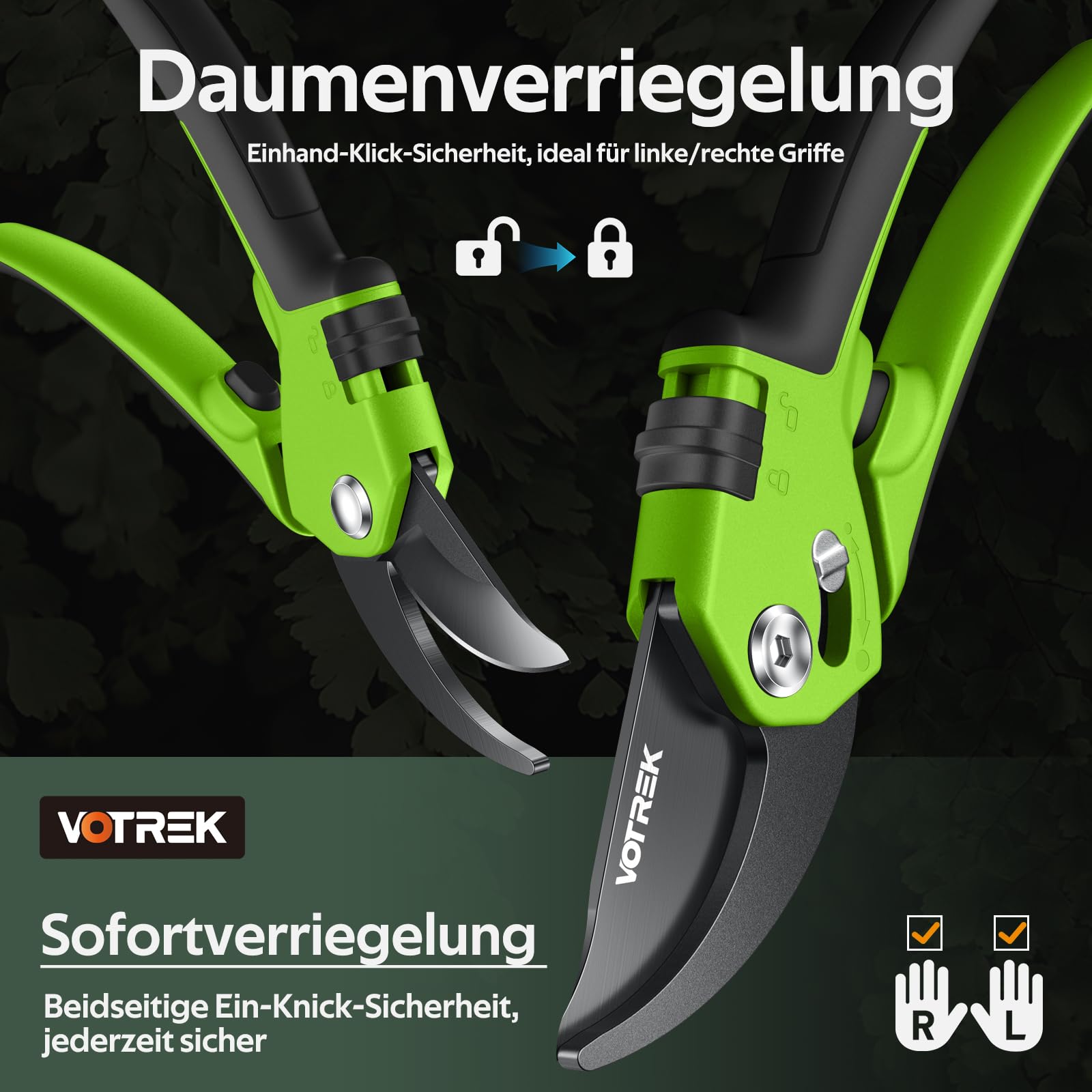 VOTREK 8,5" Bypass-Gartenschere mit stufenloser Grifföffnung, Profi-Rosenschere & Baumschere mit SK5-Stahl und interner Feder für müheloses Schneiden – ideal bei schwacher Handkraft.【Armband】 Geschenk 3