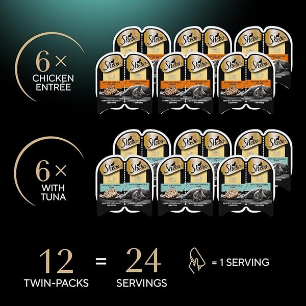 SHEBA PERFECT PORTIONS WET CAT FOOD CUTS IN GRAVY, ROASTED CHICKEN ENTREE AND WITH SUSTAINABLE TUNA, 2.6 OZ. TWIN-PACK TRAYS (12 COUNT, 24 SERVINGS)