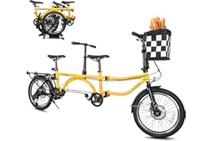 Choosilay Folding Adult Tandem Bike - City Tandem Folding Bicycle with Basket, Foldable Tandem Adult Beach Cruiser Bike with 7 Speeds 20inch Wheel, Adjustable 2-Seater Height