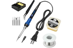 FUMEIYI Soldering Iron Kit,80W LED Display Adjustable Temperature Soldering Iron Kit with Automatic Sleep Mode, Includes 5 Tips, Solder Wire, Stand, Flux - Professional Blue Welding Tool for Repair and DIY
