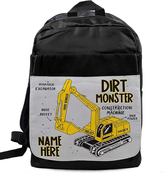 Digger School Bag Boys Backpack Childrens Black Rucksack Personalised
