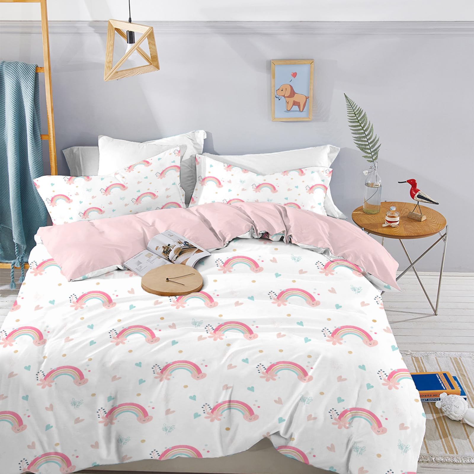 MUSOLEI Rainbow Bedding for Girls Pink and White Double Bedding Sets Lovely Duvet Cover Sets for Kids/Children, Colorful Microfibre Quilt Cover 200X200cm with 2 Pillowcases 50x75cm