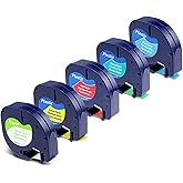 Label KINGDOM 5-Pack Compatible with DYMO LetraTag Mix Color Tape, White/Red/Yellow/Blue/Green Label Maker Refills for LT-100H Handheld Printer, 1/2” x 13’