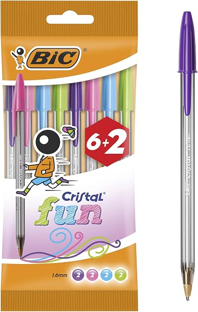 BIC Cristal Fun Pens Pack 8 Multicolor 1.6 mm Tip Hexagonal Design
