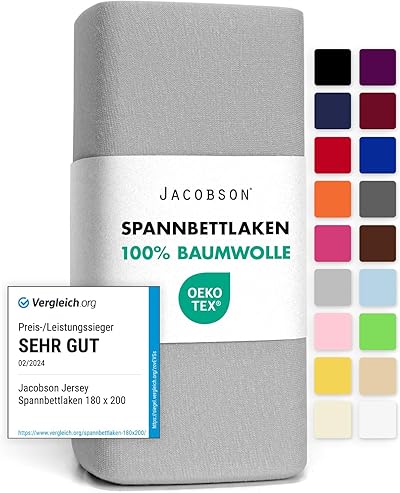 Jacobson Jersey Spannbettlaken Spannbetttuch Baumwolle Bettlaken (140x200-160x200 cm, Grau)