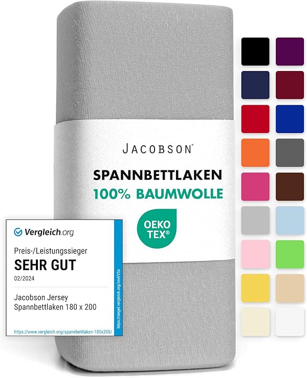 Jacobson Jersey Spannbettlaken Spannbetttuch Baumwolle Bettlaken (140x200-160x200 cm, Grau)