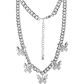 Jessica Simpson Butterfly Necklace for Women 15"+3", Chunky Necklace Silver-Tone with Butterfly Charms and Crystals