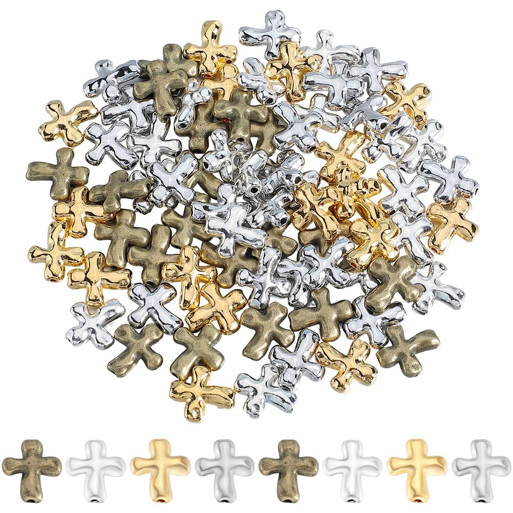 SOFPLATE 80pcs 1 Box Cross Spacer Beads Small Gold Cross Beads Assorted Tibetan Style Alloy Metal Loose Spacers Crucifix Rosary Bead for Diy jewellery Making Holiday Bracelet Necklace Craft Supplies