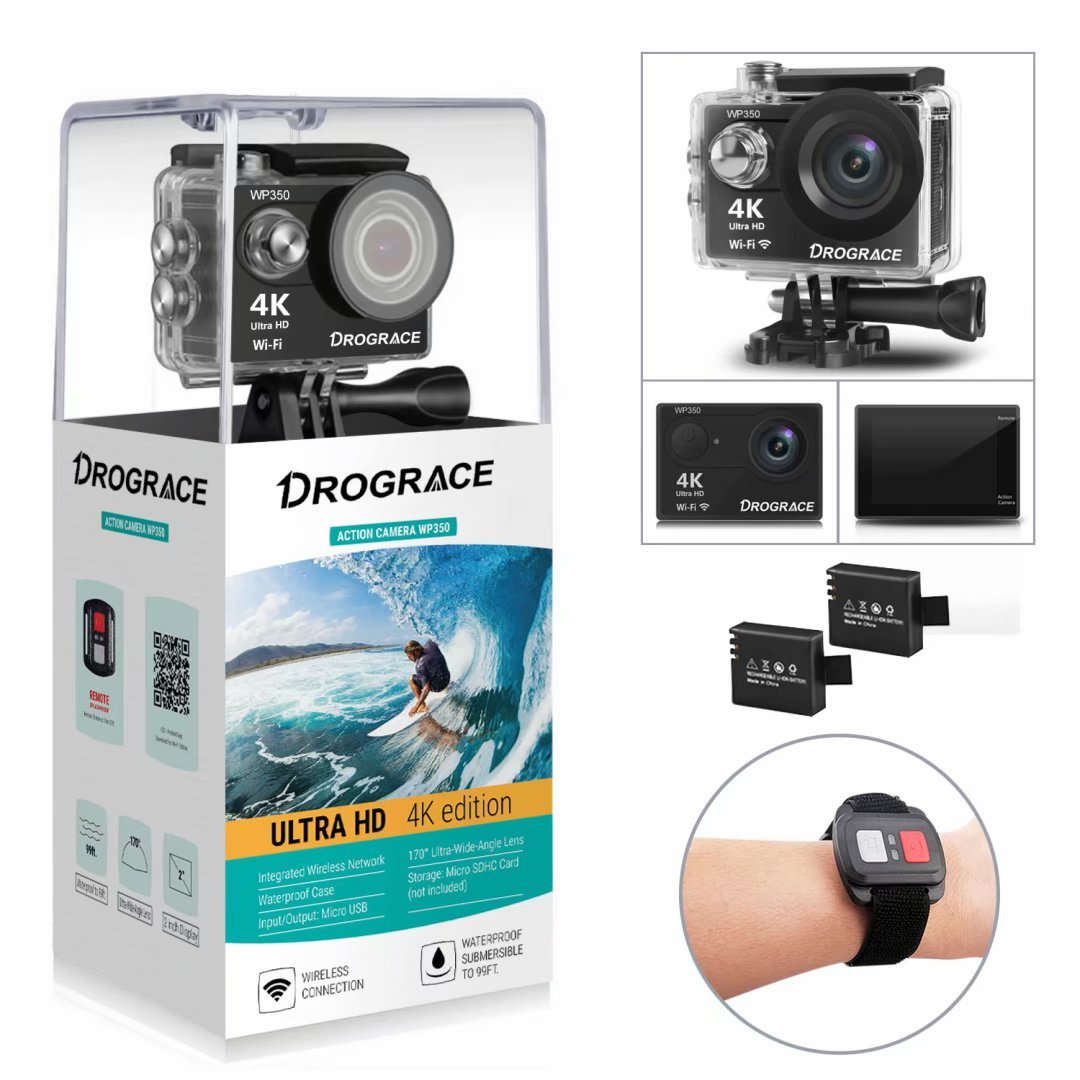 Action Camera 4K Sports Camera 12MP Ultra HD Wifi Waterproof Underwater Video Camera Helmet Cameras Camcorder 170° Wide View Angle 2 Inch LCD Screen Remote Control and Free Accessories [DROGRACE]
