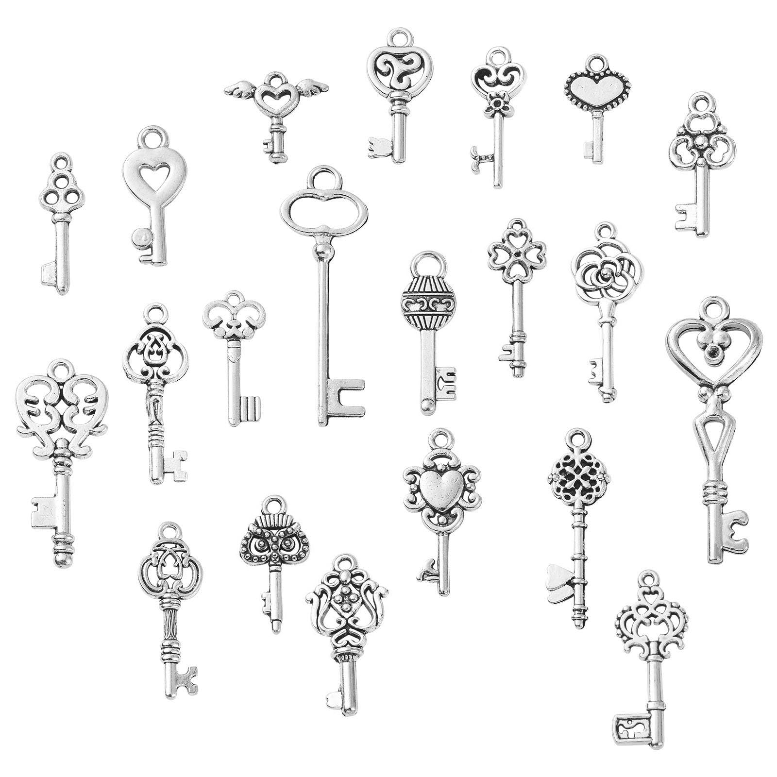 Stiesy 100Pcs 10 Styles Assorted Shapes Key Charms Tibetan Silver Antique Style Key Dangle Charms for Jewelry Making DIY Crafts Gift