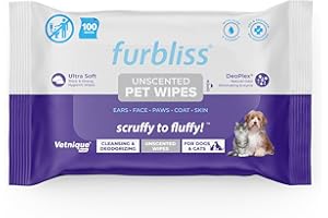 Vetnique Furbliss Hygienic Pet Wipes for Dogs & Cats, Cleansing Grooming & Deodorizing Hypoallergenic Thick Wipes with All Natural Deoplex Deodorizer (Unscented)