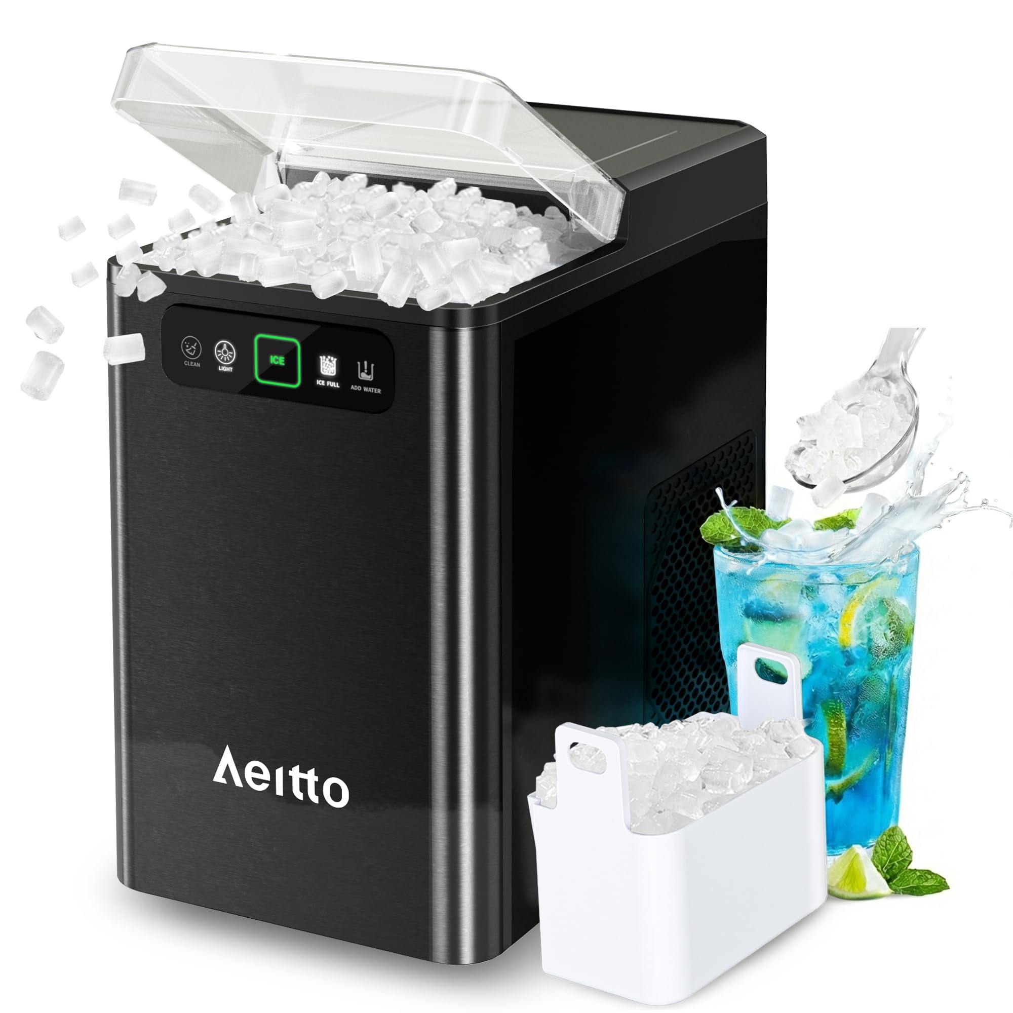 Photo 1 of Aeitto Nugget Ice Maker Countertop, Pellet Ice Machine Soft Chewable Ice 40lbs/Day, One-Click Operation, Auto Self-Cleaning Crushed Ice Makers Stainless with Scoop for Home/Kitchen/Office (Black)