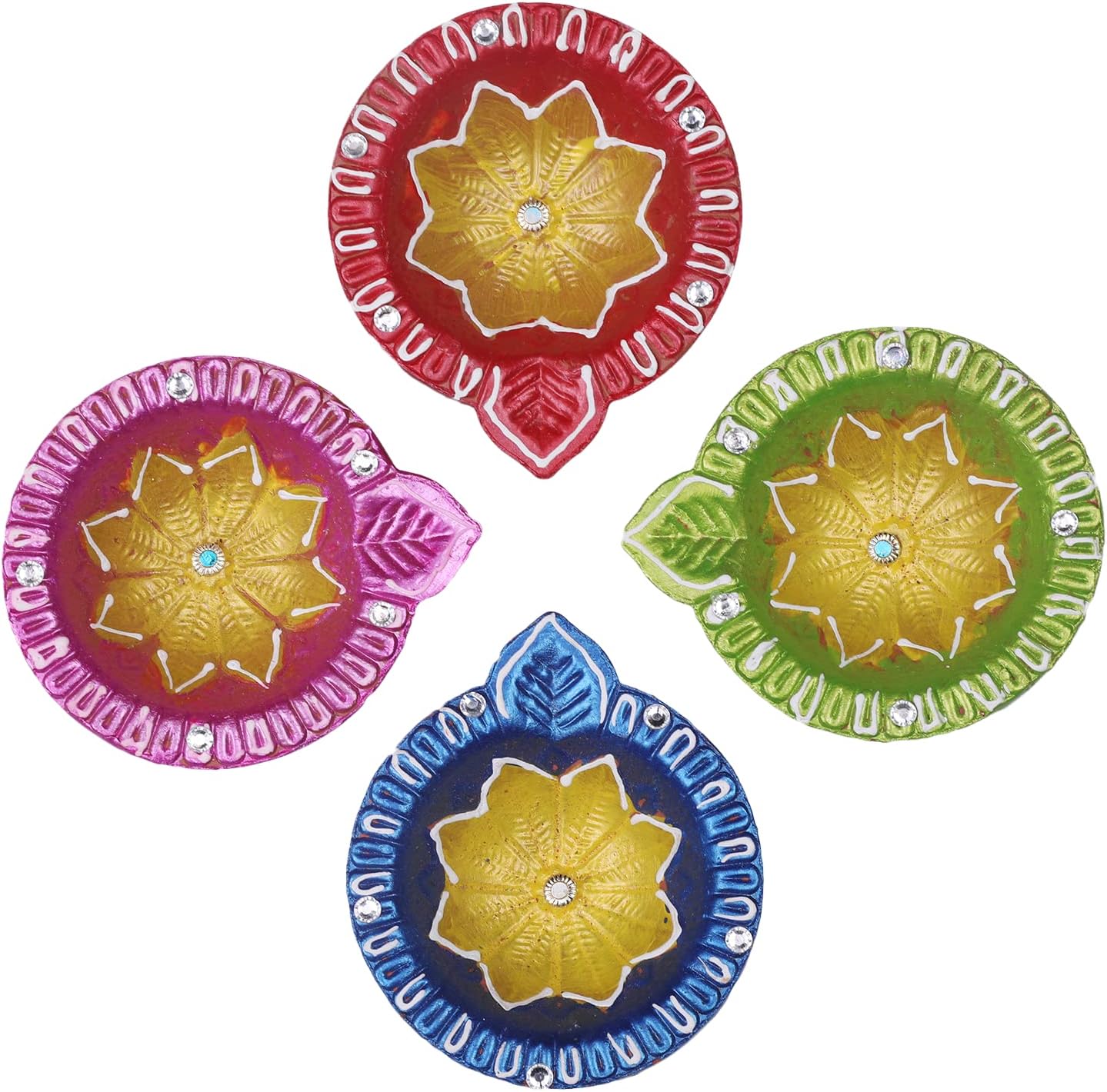 Oil Lamps & Accessories - Diya for Decorations Handmade Round Shape Natural Decorative Clay Earthen Oil Lamp Traditional Diya with Acrylic Rangoli Diwali Puja Festival Decoration Home Multi Color Pack of 4