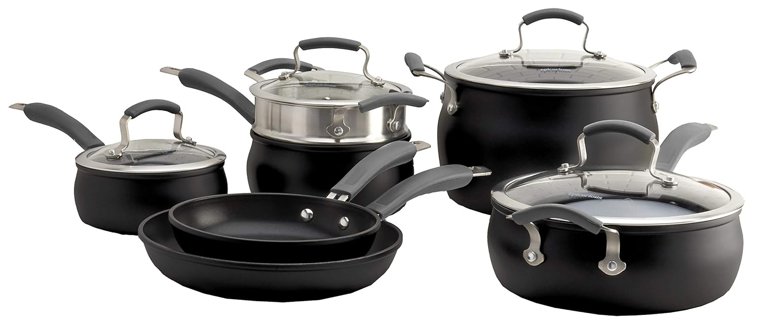 Epicurious Cookware Collection- Dishwasher Safe Oven Safe, Nonstick Aluminum 11 Piece Ebony Matte Black Cookware Set