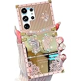 TRODINO Compatible with Samsung Galaxy S21 Ultra Case Cute, Luxury Bling Butterfly Design with Foldable Stand Kickstand for Women & Girls, Glossy Mirror Shockproof Protective Case 6.8” (Pink)