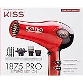 Kiss 1875 Watt Pro Tourmaline Ceramic Hair Dryer, Styling Edition, 3 Heat Settings, 2 Speed Settings, Cool Shot Button, 7 Blow Dryer Accessories Included, 2-Year Warranty - Red