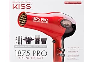 KISS 1875 Watt Pro Tourmaline Ceramic Hair Dryer, 3 Heat Settings, 2 Speed Slide Switch, Cool Shot Button, 2 Detangler Combs,