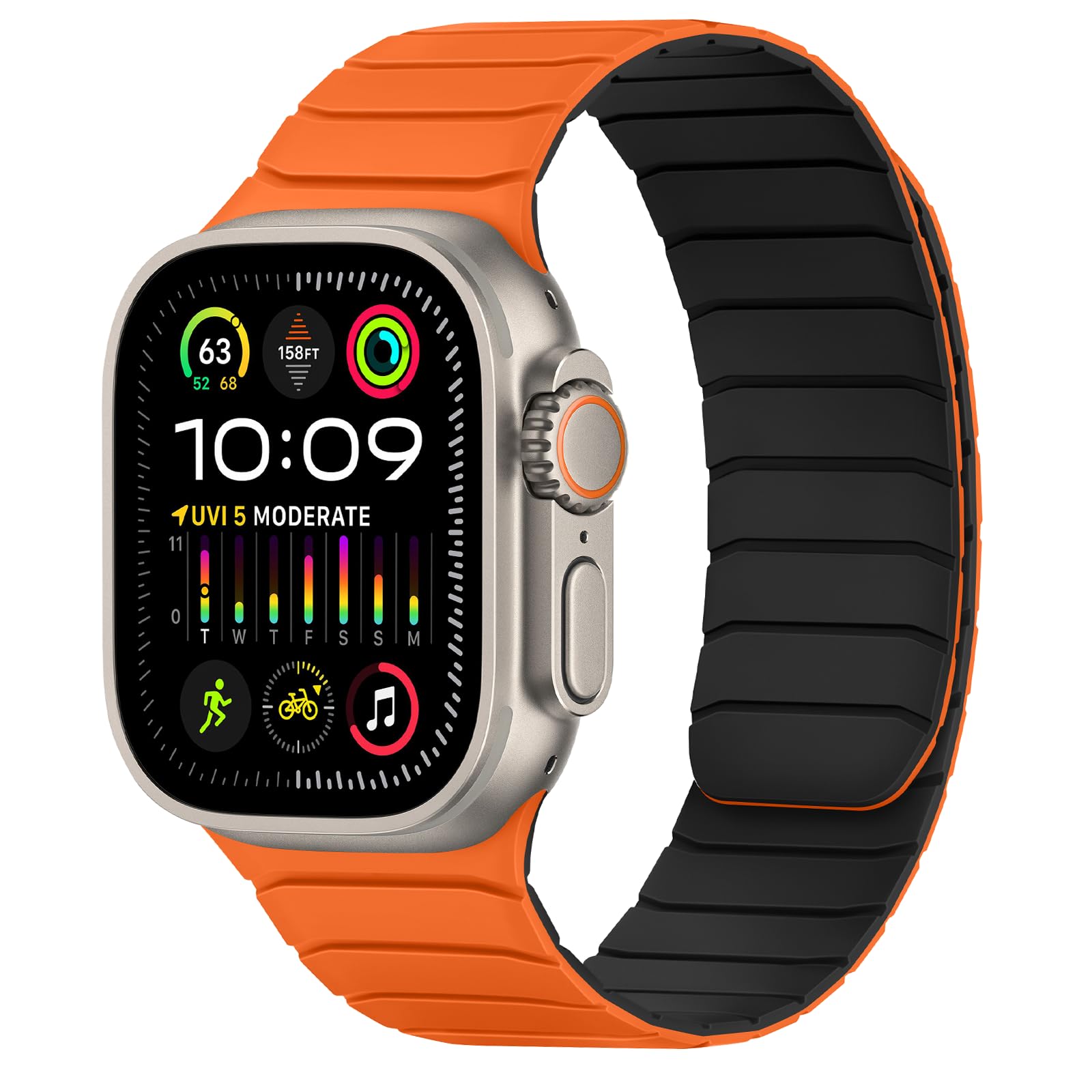 Photo 1 of Tasikar Magnetic Bands Compatible with Apple Watch 49mm 46mm 45mm 44mm 42mm Soft Silicone Replacement Loop Wristband for iWatch Ultra 3 2 1 SE Series 11 10 9 8 7 6 5 4 3, Orange-Black