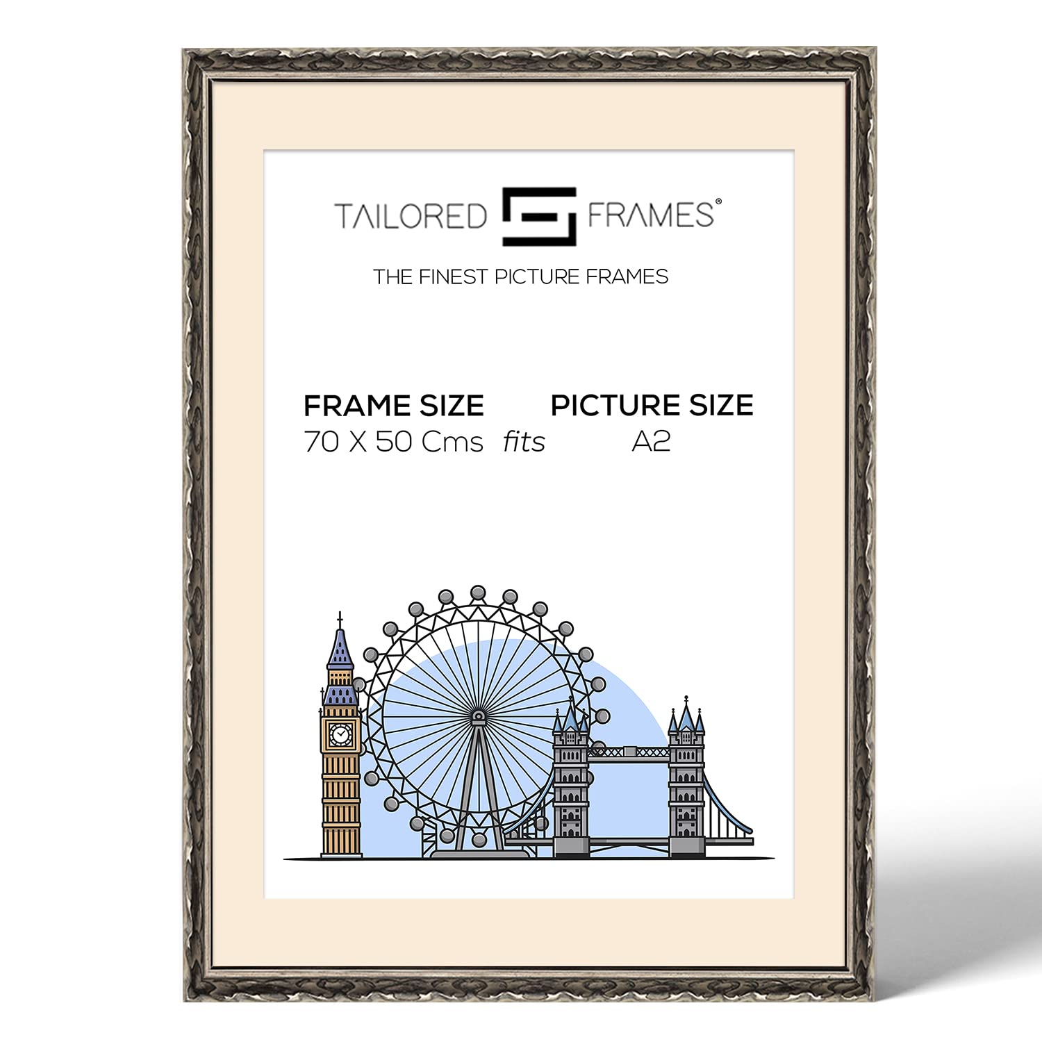 Tailored Frames Vienna Silver 70 X 50 cm Frame for A2 Picture | Rustic Style Vintage Single Picture Frame | Wall Hanging Type | Photo Frame with Antique Mount