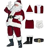 Santa Claus Costume for Men 9pcs Deluxe Velvet Santa Suit Adults Christmas Santa Outfit with Beard Belt Santa Costume