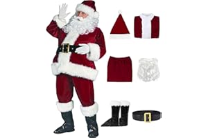 FANME Santa Claus Costume for Men 9pcs Deluxe Velvet Santa Suit Adults Christmas Santa Outfit with Beard Belt Santa Costume