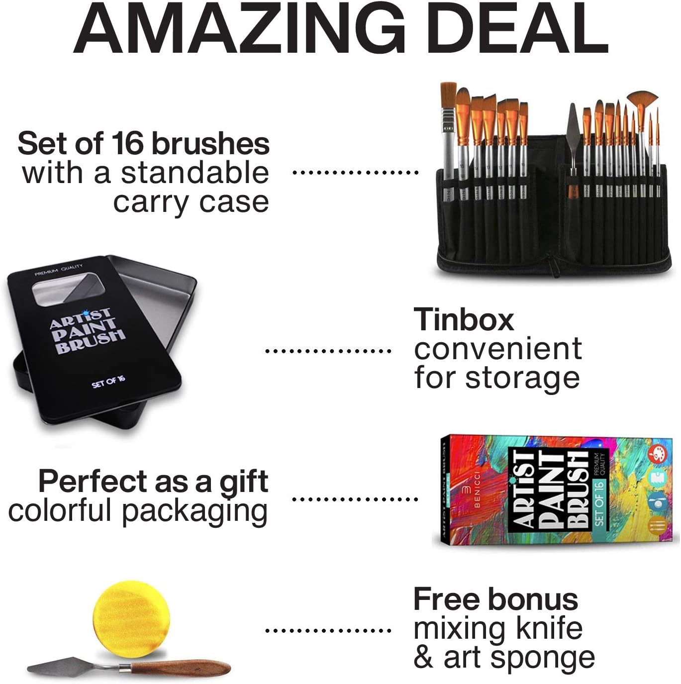 BENICCI Paint Brush Set of 16 – 15 Different Shapes + 1 Flat Brush – with  eBay