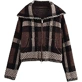 Chevara Women’s Checkered Cardigan Sweater Vintage Lapel Collar Long Sleeve Zip Up Knit Sweatshirt Jacket
