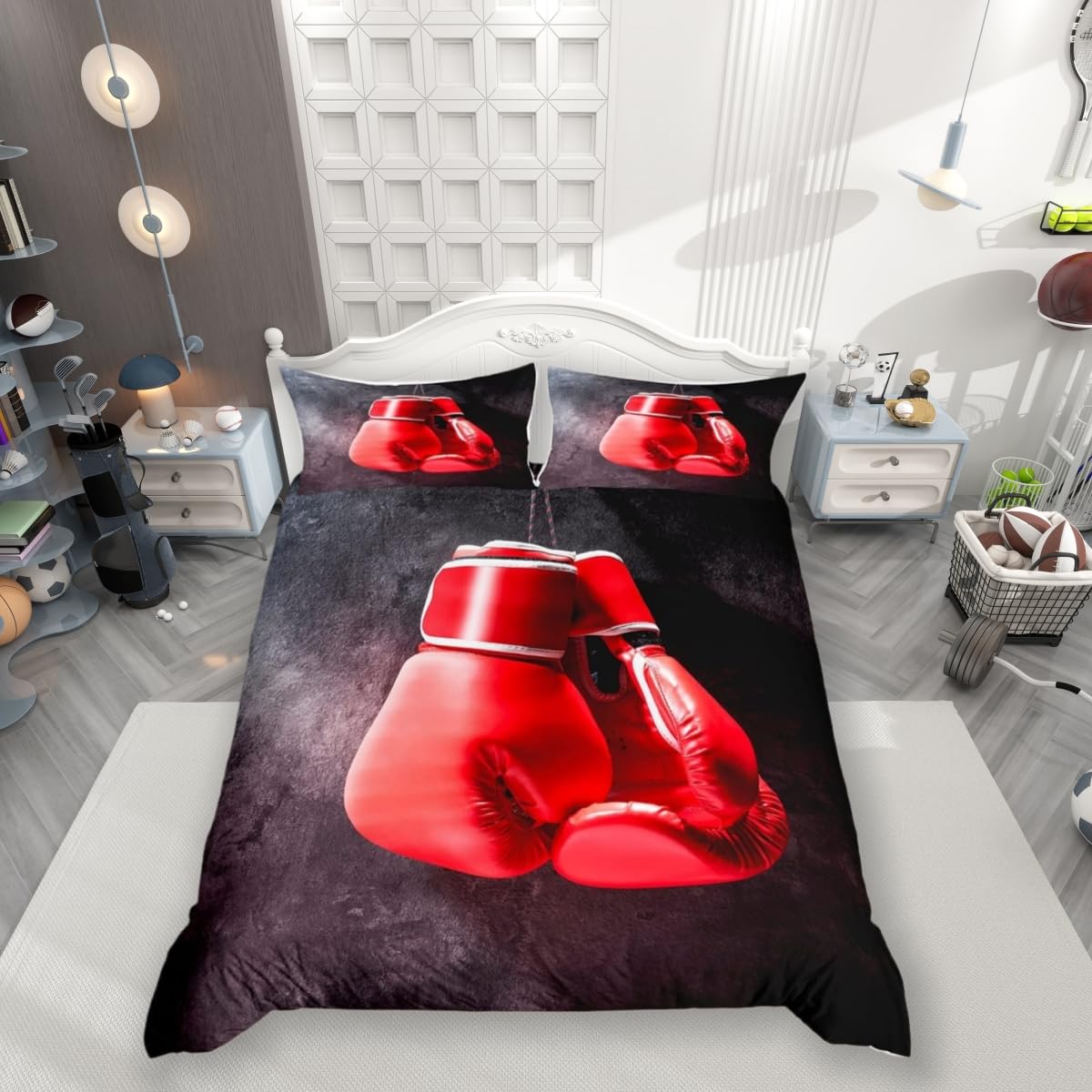 Adults Boxing Duvet Cover Set Red Boxing Gloves Printed Bedding Set 3pcs for Kids Boys Teens Sports Theme Comforter Cover Soft Polyester Quilt Cover with 2 Pillow Cases(No Comforter) King Size