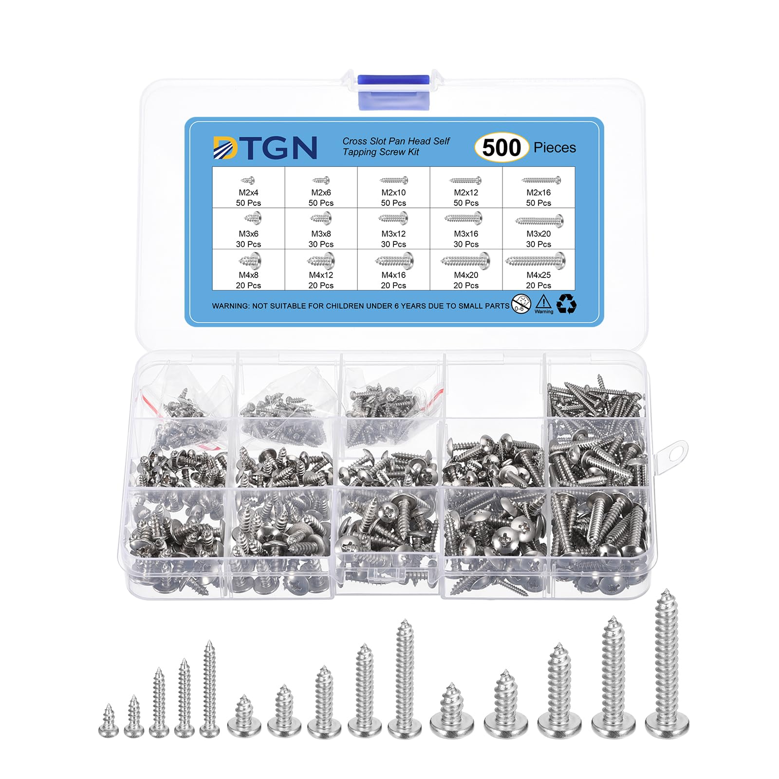 DTGN 304 Stainless Steel Phillips Round Pan Head Self-Tapping Screws Assortment Kit- Wood Screws,Washed Silver(Size:M2x4-M4x25-500pcs)