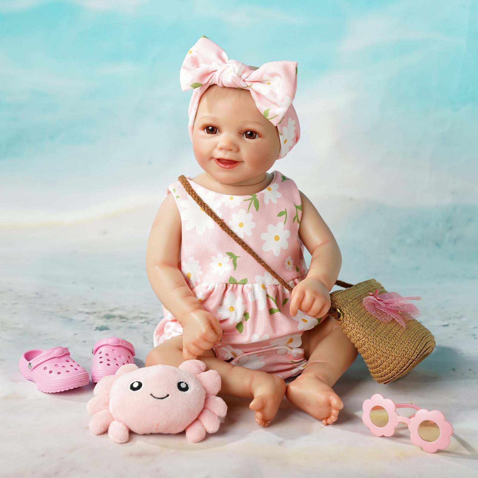 BABESIDE 16-20 Inch Reborn Baby Doll Clothes Set with 16 Inch Doll Shoes for Reborn Dolls, Summer Floral Babydoll Clothes with Bag Headband for Realistic Baby Dolls Accessories, Pink
