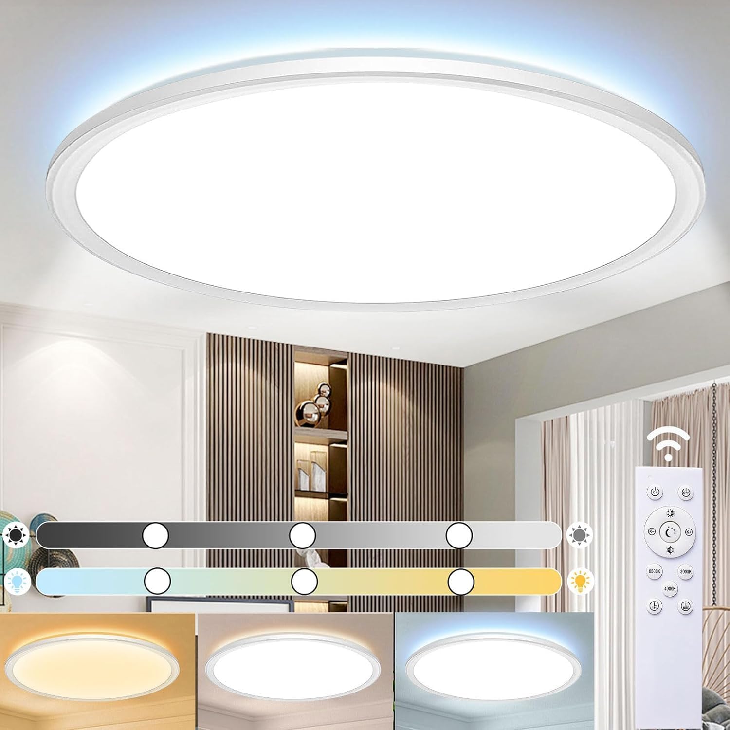 MJKOPEE 24W LED Ceiling Lights - 3000LM Ø30cm Bathroom Light with Remote Control, 3000-6500K 10%-100% Brightness Adjustable Ultra-Thin Modern Bath Ceiling Lights Lamp for Bedroom, Kitchen, 1 PCS