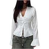 Women Long Sleeve Slim Button Up Shirt Solid Color Y2K Button Down Blouse Vintage Slim Fitted Collared Dressy Top