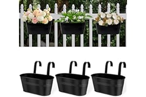 VENSOVO Metal Railing Planters for Outdoor Plants - 3 Pcs Balcony Hanging Flower Pots with Detachable Hooks & Drain Holes, Windowsill Oval Hanging Bucket Pots Fence Planters for Garden Home Decor, Black