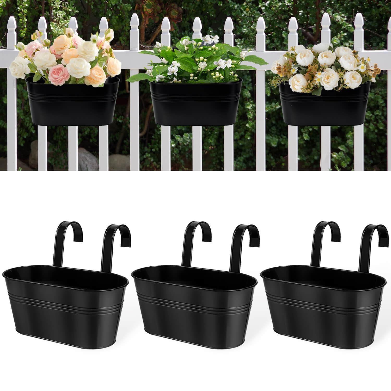 Photo 1 of Metal Railing Planters for Outdoor Plants - 3 Pcs Balcony Hanging Flower Pots with Detachable Hooks & Drain Holes, Windowsill Oval Hanging Bucket Pots Fence Planters for Garden Home Decor, Black