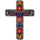 Maitys Floral Cross Wall Decor Hand Painted Decorative Inspirational Wooden Cross Mexican Art Wall Decor Mexican Crucifix for Home Room Church Decoration(Retro Style)