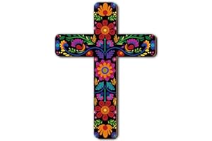 Maitys Floral Cross Wall Decor Hand Painted Decorative Inspirational Wooden Cross Mexican Art Wall Decor Mexican Crucifix for Home Room Church Decoration(Retro Style)