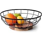 WILDMOS Fruit Basket,black Wire Basket with Acacia Wood Base,large Fruit Bowl for Countertop,black Baskets for Fruits, Breads, Vegetables Storage. (12-inch)