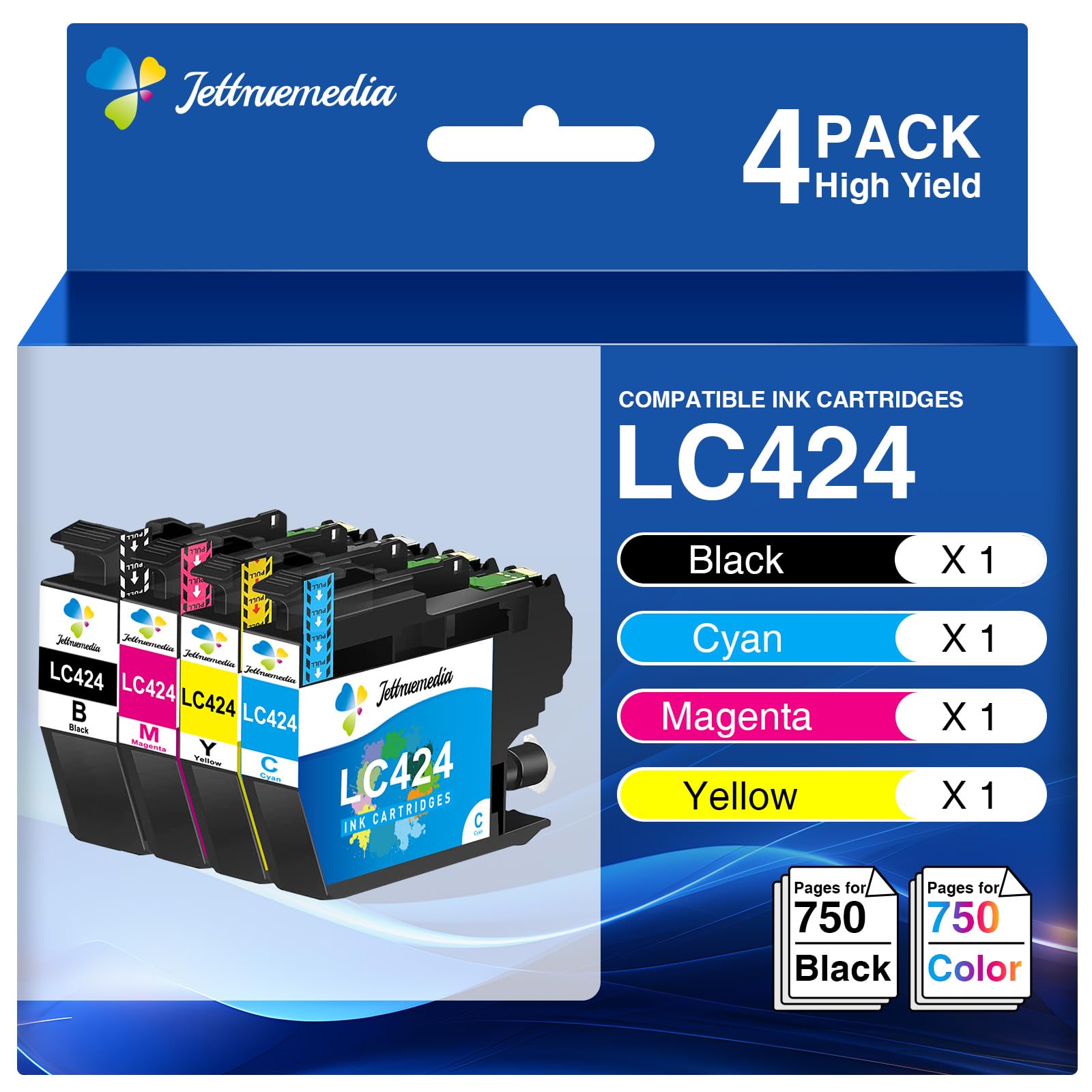 Jettruemedia LC424 LC-424 Ink Cartridges Multipack for Brother LC424 LC424Val LC424XL Compatible with Brother DCP-J1200W DCP-J1200WE Printers (Black, Cyan, Magenta, Yellow, 4-Pack)