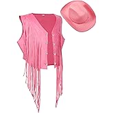 Yaomiao 70s Hippie Womens Fringe Vest Western Felt Cowgirl Hat Cowgirl Costume Rivets Sleeveless Faux Suede Tassels Jacket