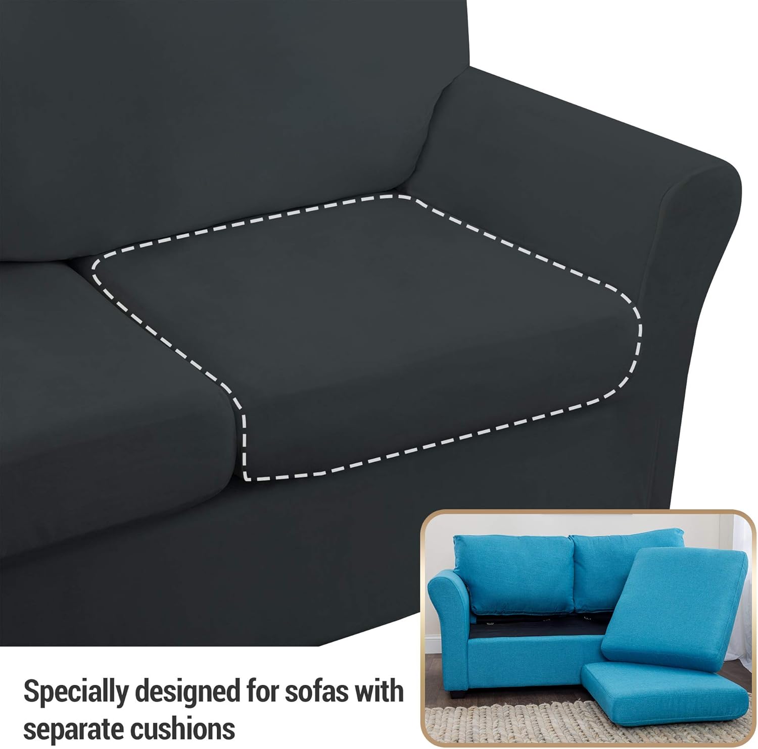 FINERFIBER Velvet High Stretch 2 Piece Armchair Slipcover | Thick Couch Cover for Pets | Couch Covers for 1 Cushion Couch | Furniture Protector for Separate Cushion Couch (Armchair, Dark Grey): Furniture & Decor