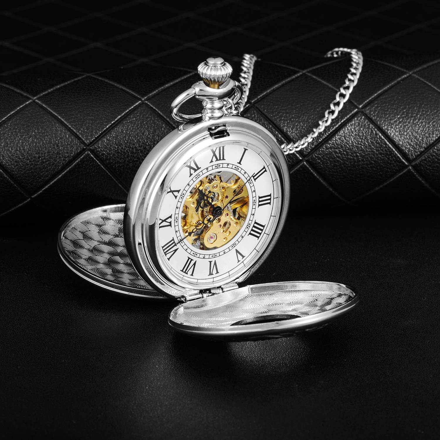 MICGIGI-Unisex Pocket Watch Mechanical Hand-Wind Double Cover Analogue Skeleton Pocket Fob Watches with Chain - Image 4