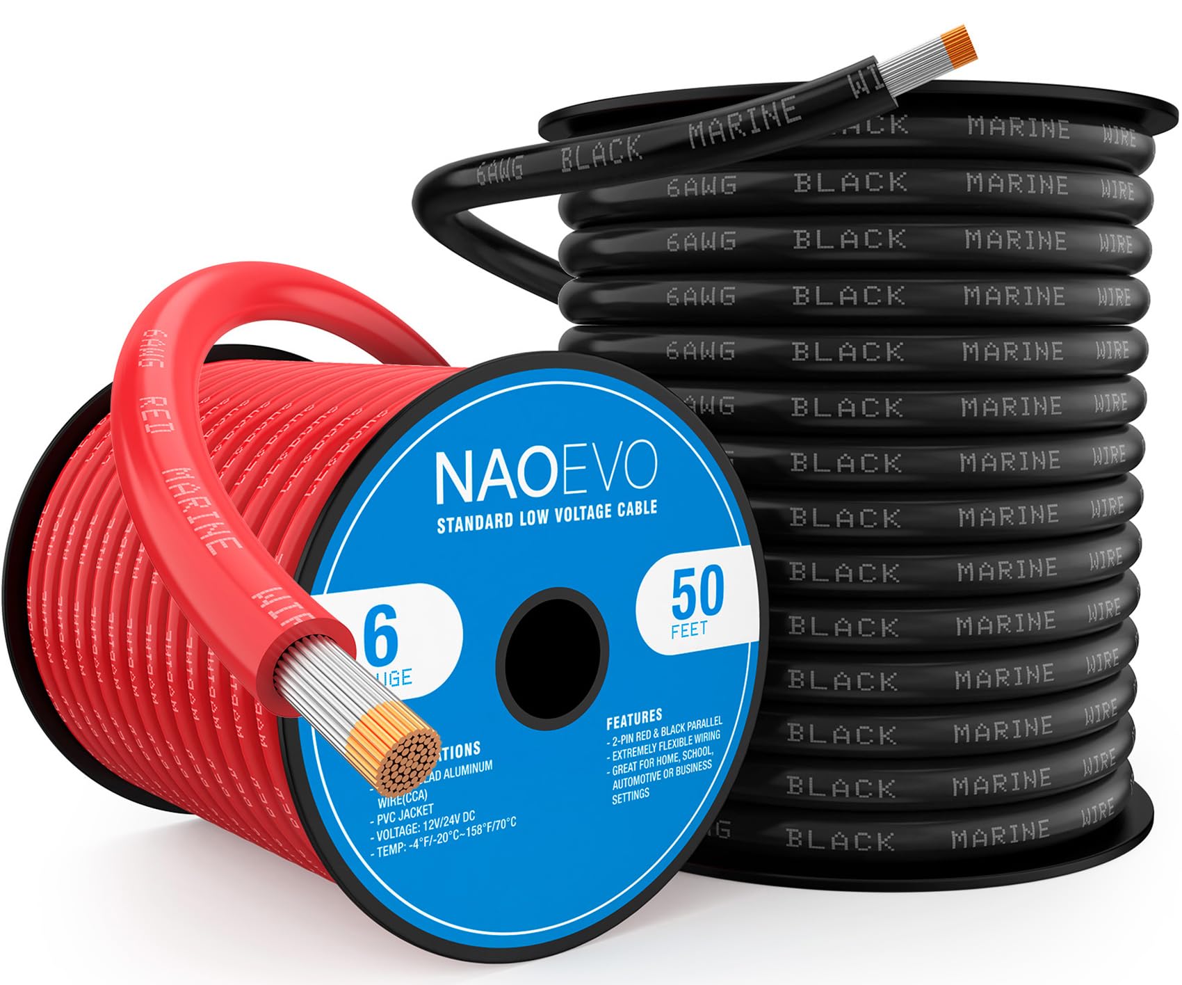 Photo 1 of NAOEVO 6 Gauge Marine Wire, 6 AWG Tinned Copper PVC Marine Grade Wire, IP68 Waterproof/Corrosion-Resistant Electrical Cable for Boat, RV, Automotive, Solar, Trolling Motor (50 ft Black + 50 ft Red)