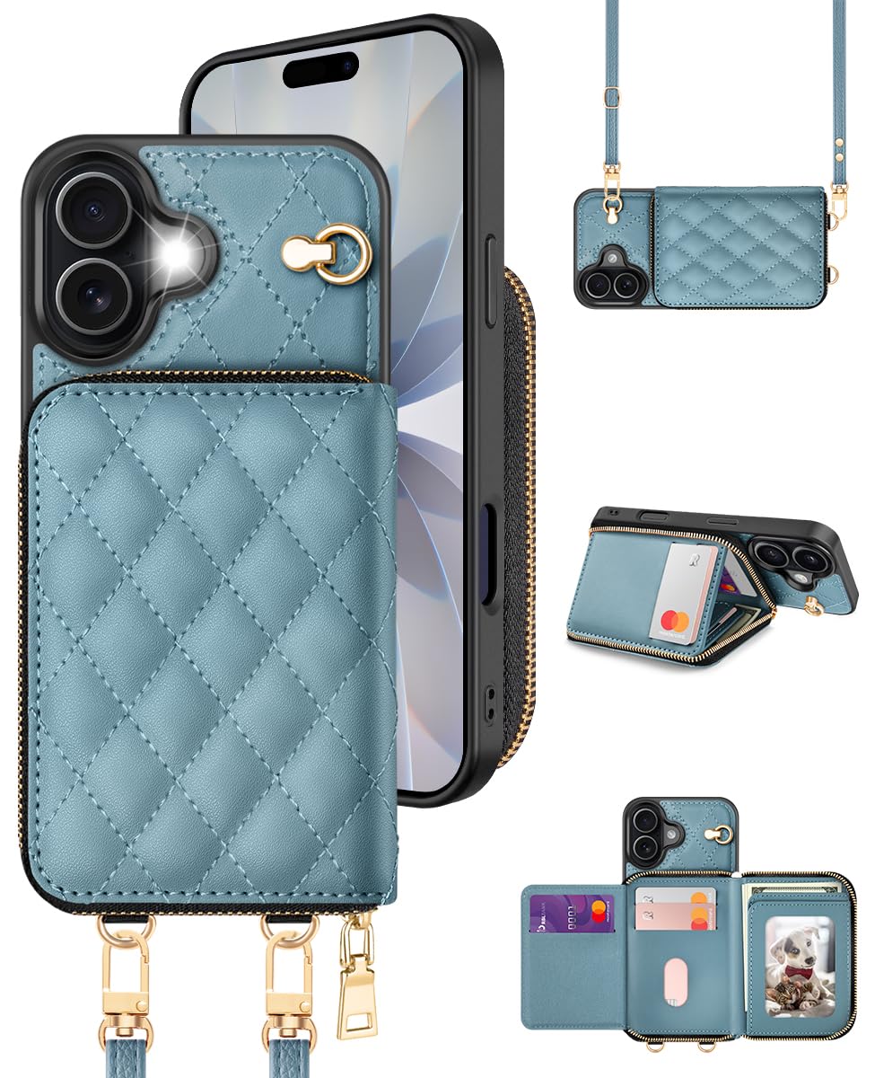 OCASE Compatible with iPhone 17 Crossbody Wallet Case with Card Holder, PU Leather Zipper Handbag Phone Purse with RFID Blocking Kickstand Wrist Strap Lanyard 6.3 Inch, Diamond Check Blue