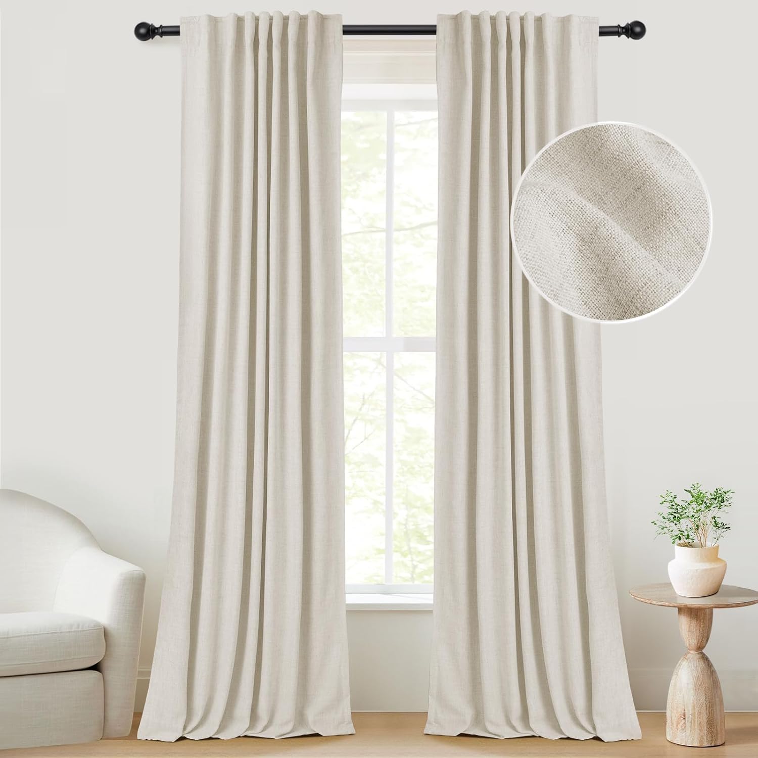Window Treatments - INOVADAY 100% Cream Blackout Curtains for Bedroom, Thermal Insulated Linen Blackout Curtains 84 Inch Length 2 Panels Set, Back Tab/Rod Pocket Room Darkening Curtains for Nursery - Cream, W50 X L84