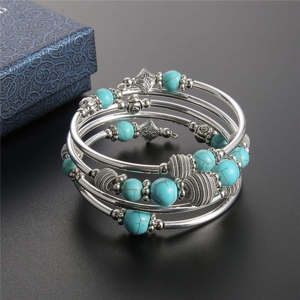 PEARL&CLUB Beaded Chakra Bangle Turquoise Bracelet - Fashion Jewelry Wrap Bracelet with Thick Silver Metal and Mala Beads, Birthday Gifts for Women (A:Turquoise): Jewelry