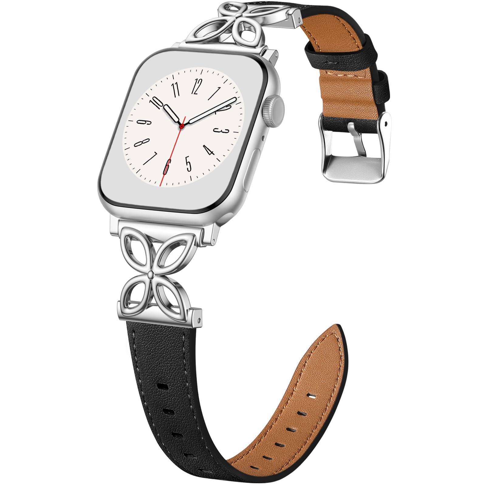 SNBLK Floral Slim Band for Apple Watch Bands for Women 40mm 41mm 42mm 44mm 46mm 49mm 38mm 45mm Thin, Dressy Top Grain Leather Strap for iWatch SE Series 11 10 9 8 7 6 5 4 3 2 Ultra, Black