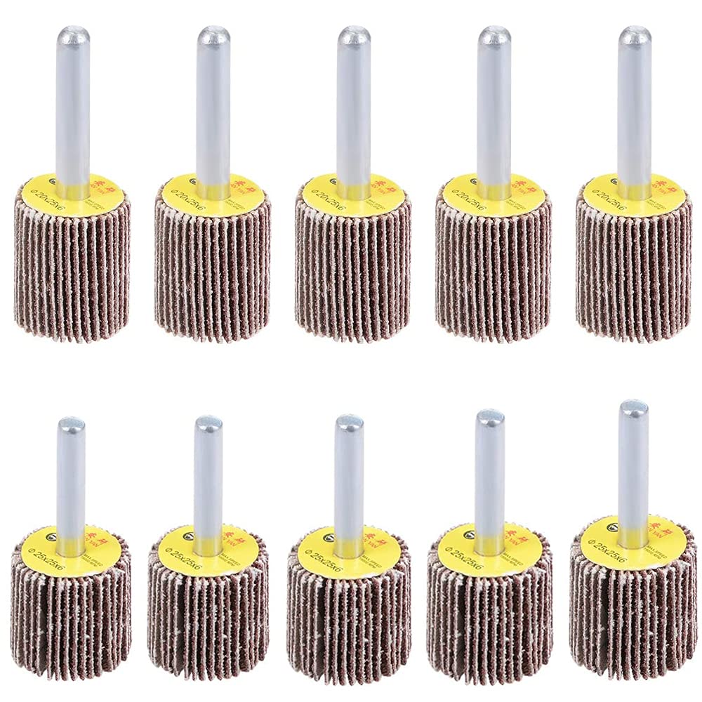 Juliyeh 10 Pcs Flap Wheelset Include 5 Pcs 20mm & 5 Pcs 25mm, 80 Grit Sanding Wheel with 3mm Mandrel Shank for Rust Removal and Polishing.