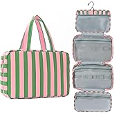 Apxouans Toiletry Bag for Women Travel Water-resistant Cosmetic Bag Fashion Stripes Makeup Bag with Hanging Hook Preppy for Store Toiletries Cosmetic Accessories Large Capacity Green