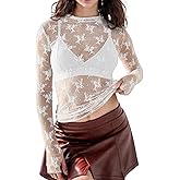 Flygo Womens See Through Floral Lace Layering Top Shirt Blouse Mock Neck Sheer Long Sleeve Mesh Tops